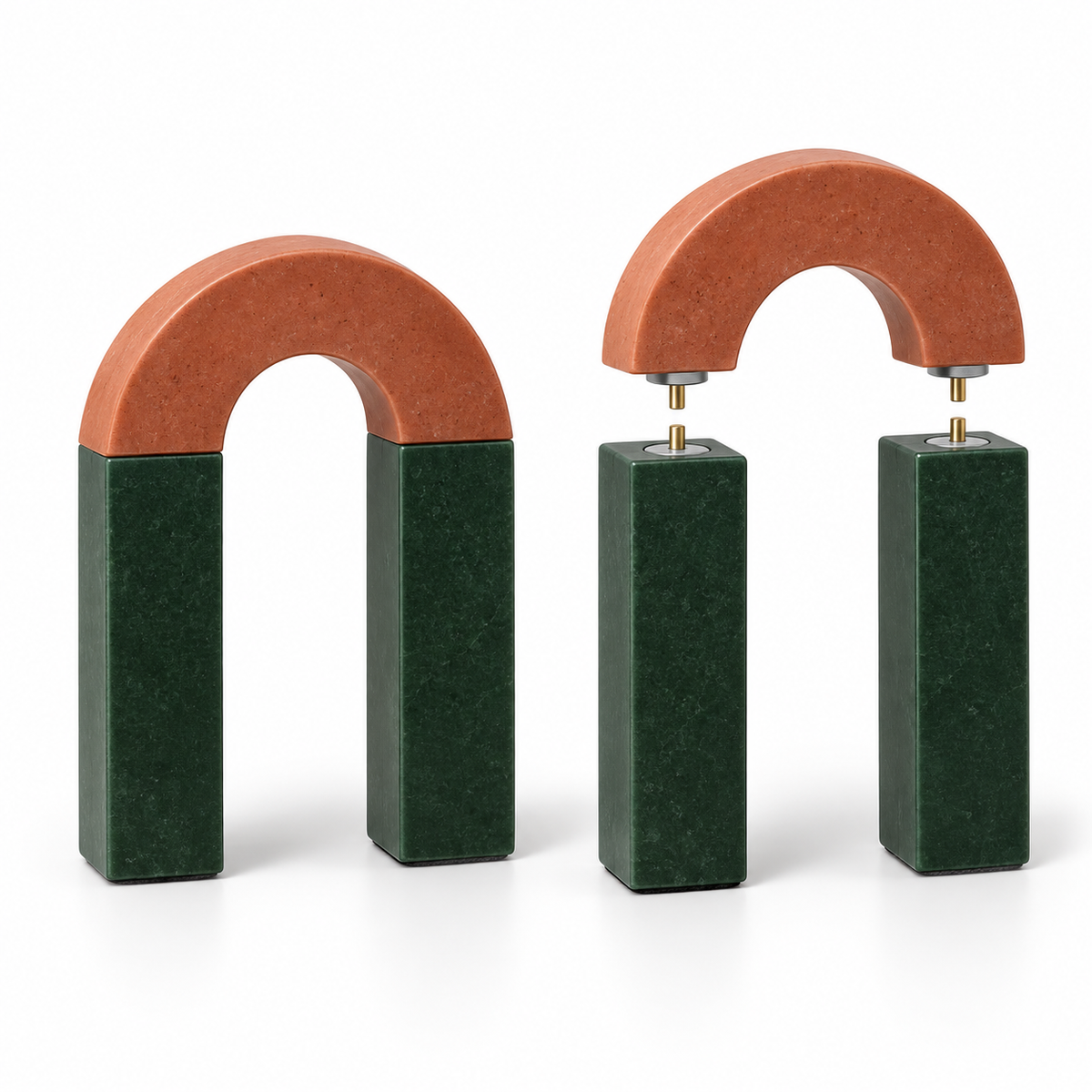 Magnetway Modular Arch Bookends - white background showing assembled and deconstructed configurations