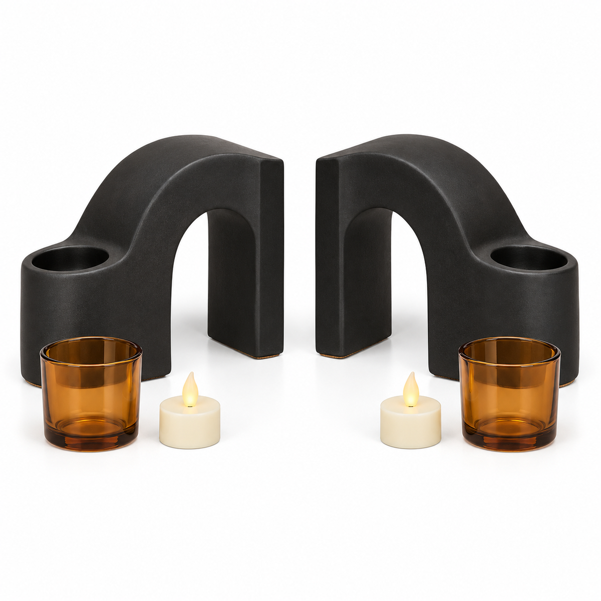 Candlepass Tealight Arch Bookends - white background with amber glass votives and LED tealights