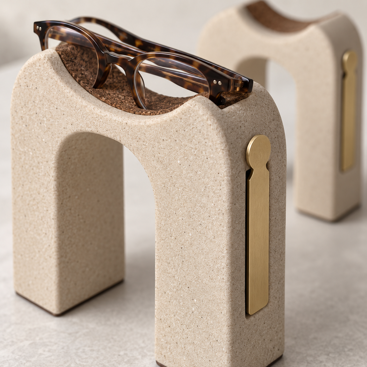 Pagecrest Reading Arch Bookends - detail cork saddle and brushed brass bookmark slot close-up