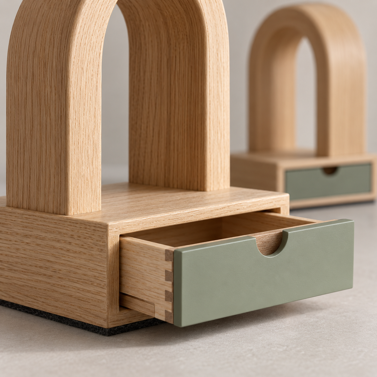 Keepsake Portal Drawer Arch Bookends - detail open drawer dovetail joinery