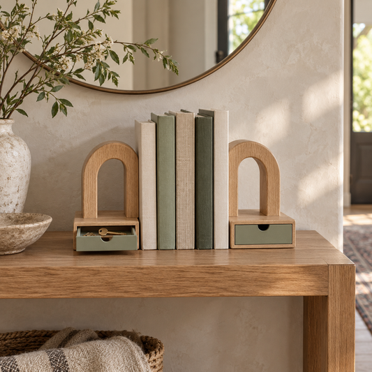 Keepsake Portal Drawer Arch Bookends - lifestyle entryway console