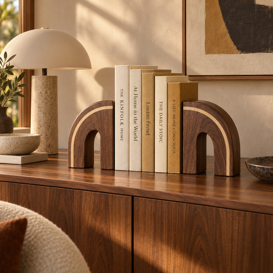 Timberline Inlay Arch Bookends - lifestyle living room