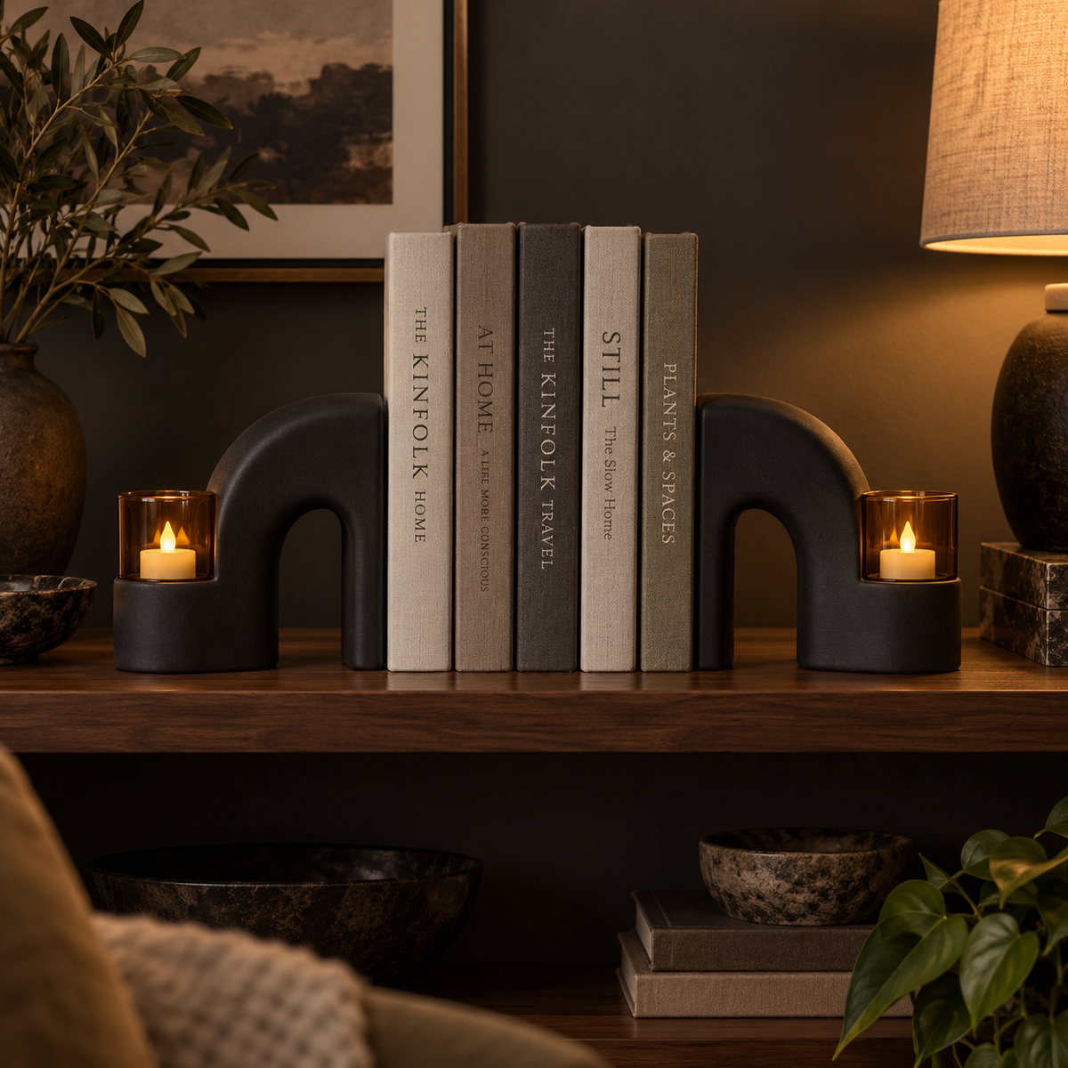 Candlepass Tealight Arch Bookends - lifestyle living room moody shelf at dusk