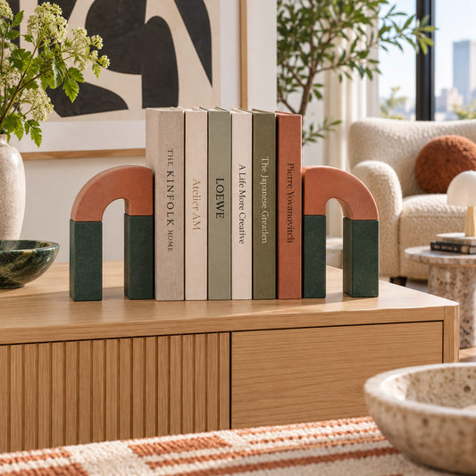 Magnetway Modular Arch Bookends - lifestyle living room oak sideboard