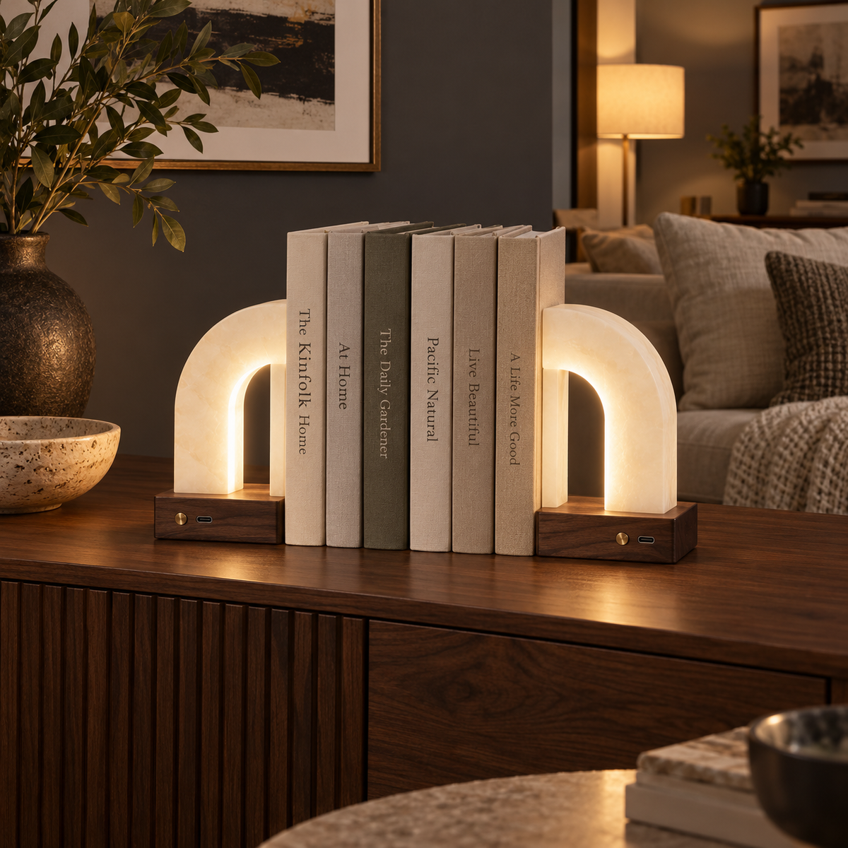 Glowvault Illuminated Arch Bookends - lifestyle living room glowing