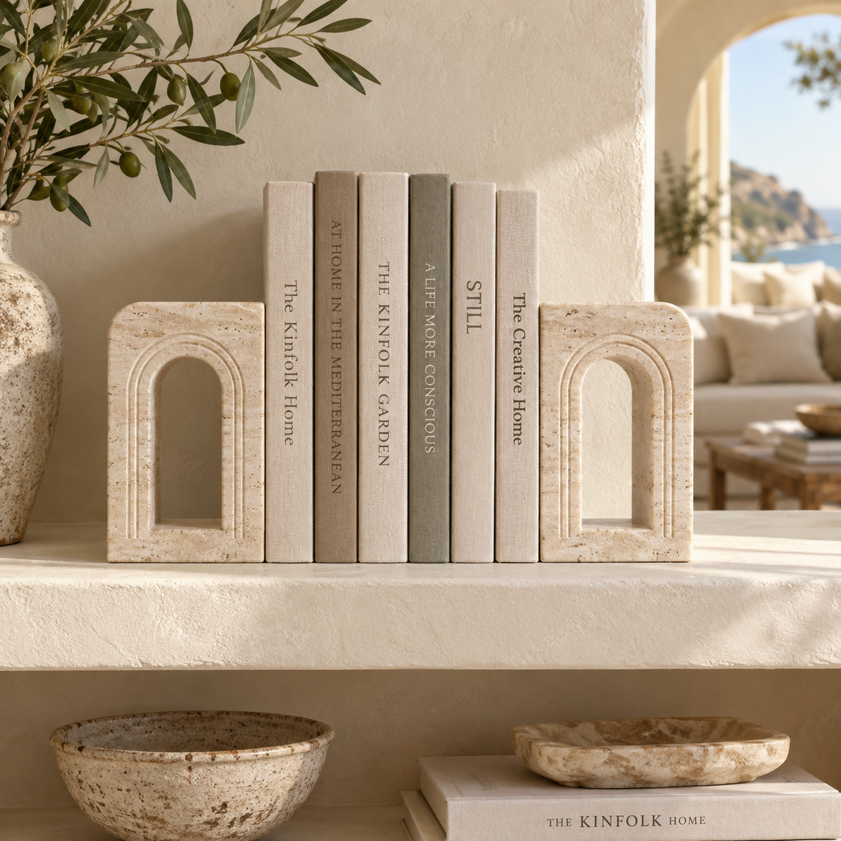Travertine Gate Arch Bookends - lifestyle Mediterranean living room