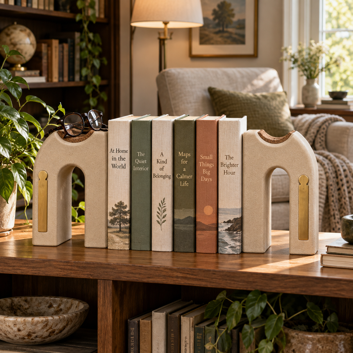 Pagecrest Reading Arch Bookends - lifestyle reading room with floor-to-ceiling shelves