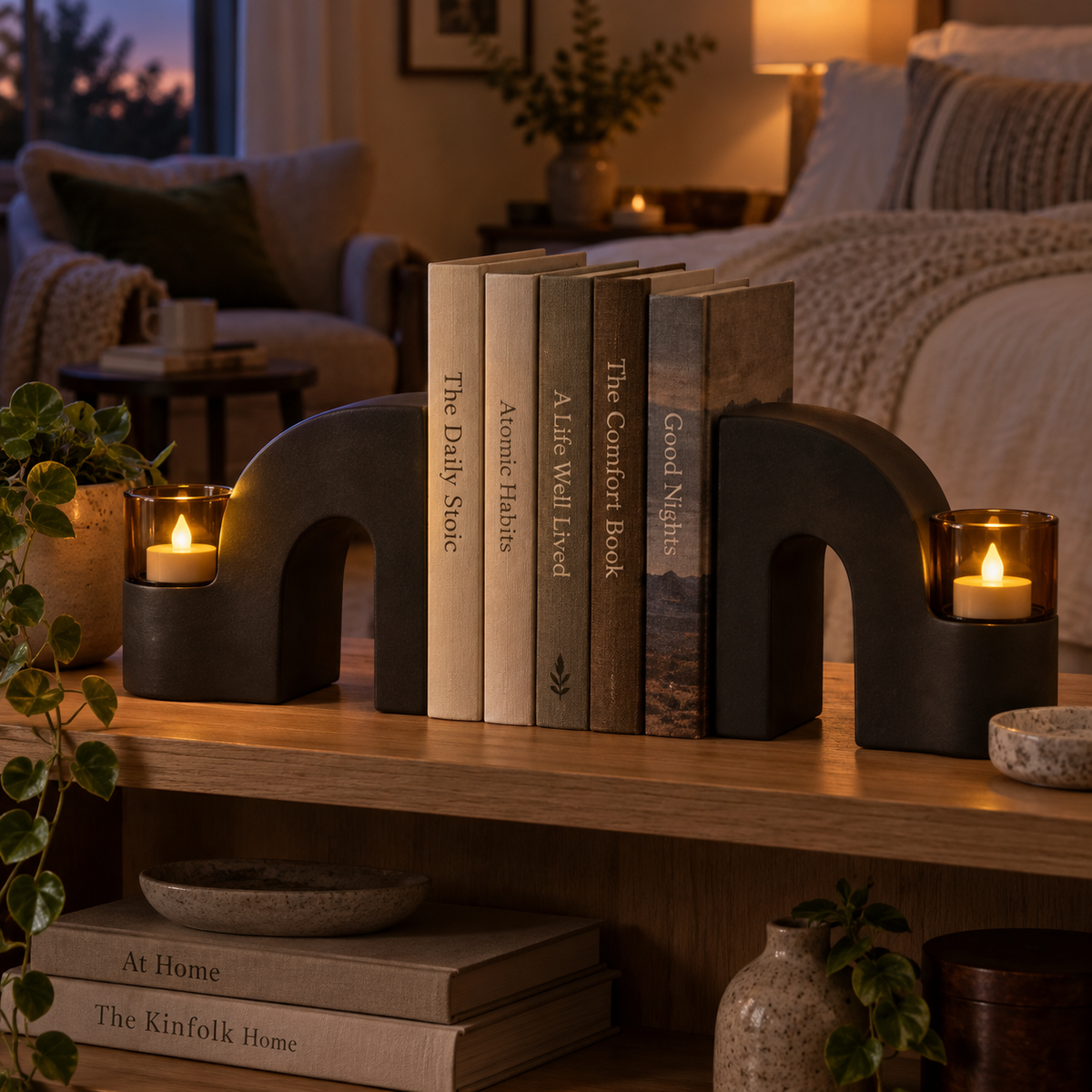 Candlepass Tealight Arch Bookends - lifestyle bedroom shelf candlelight