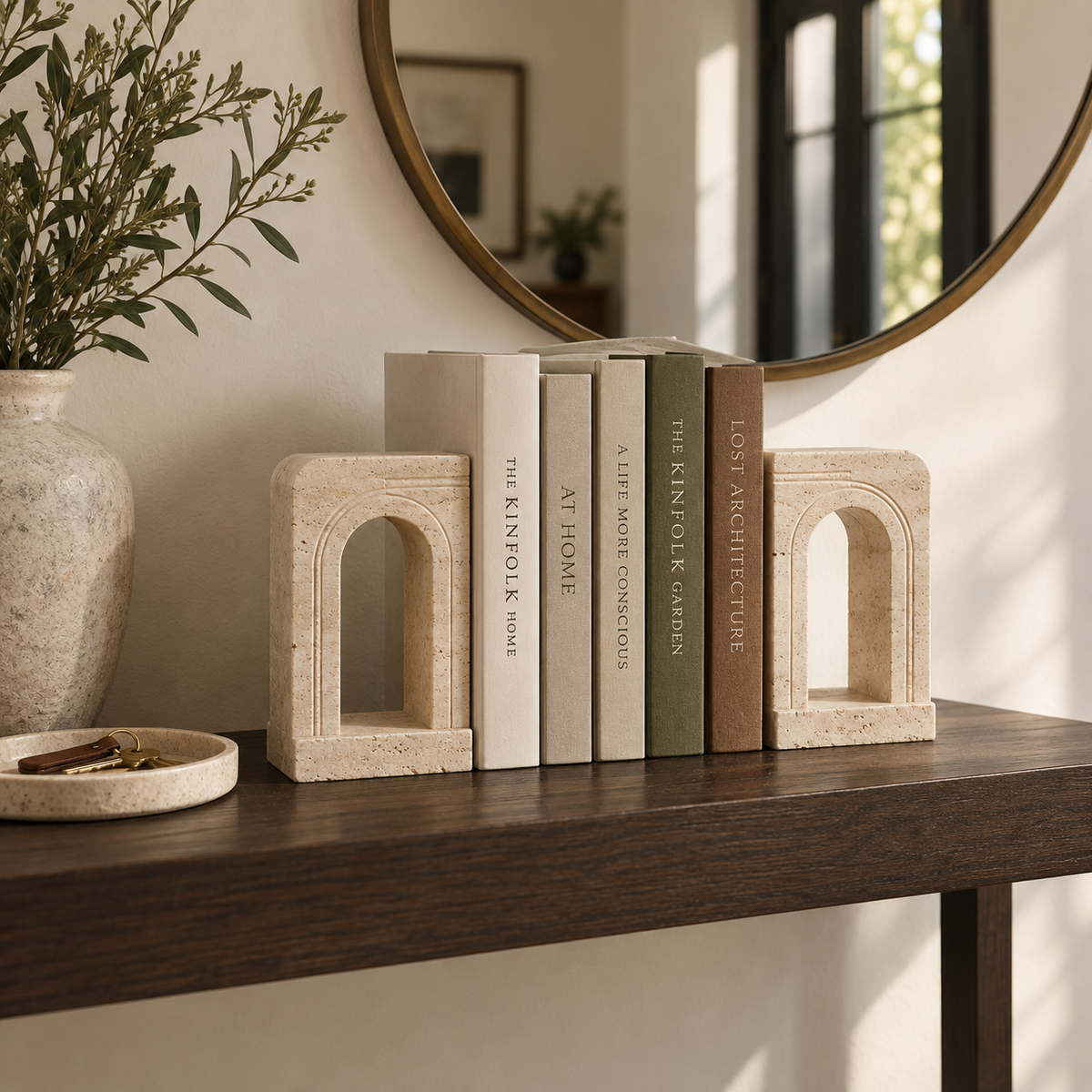 Travertine Gate Arch Bookends - lifestyle entryway