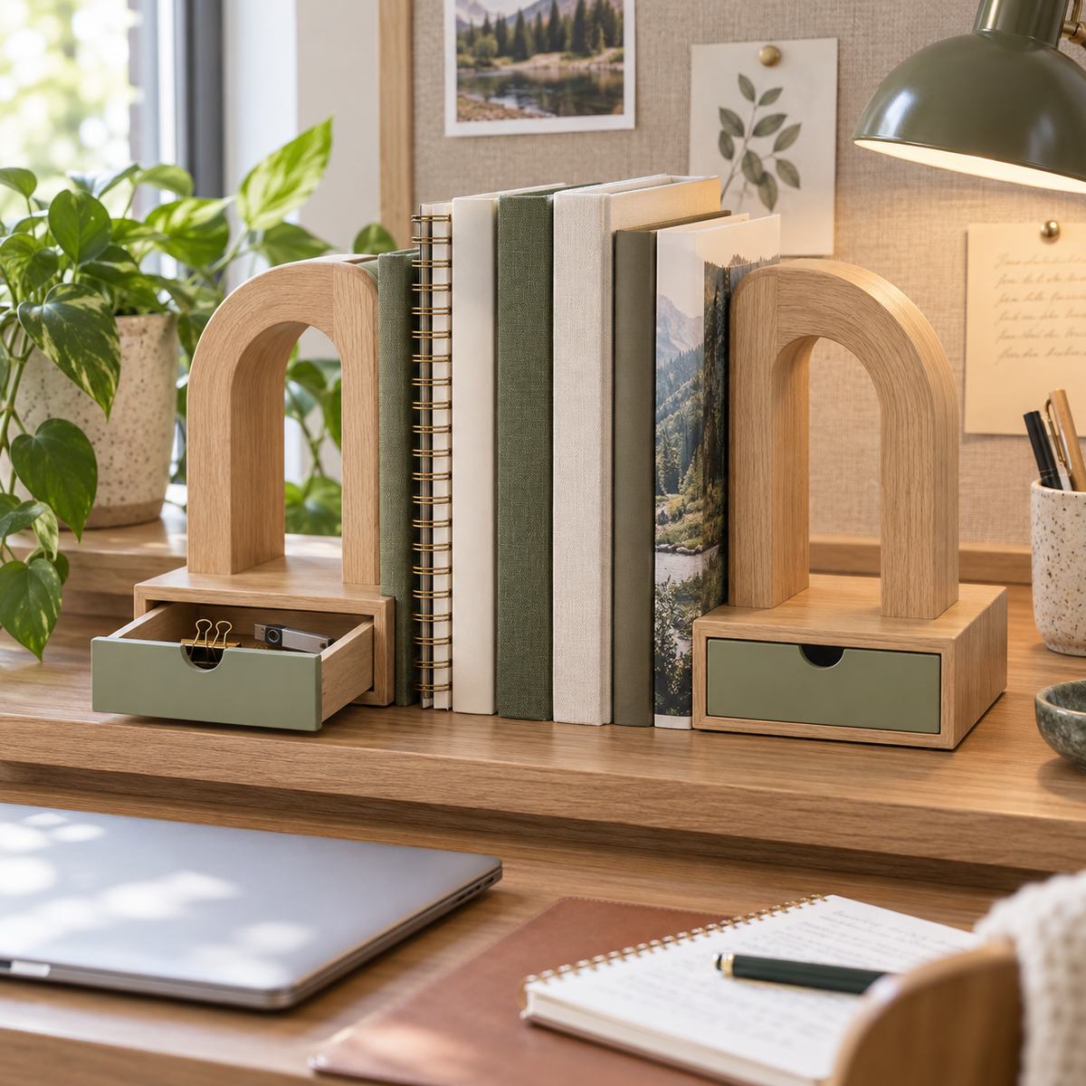 Keepsake Portal Drawer Arch Bookends - lifestyle home office desk