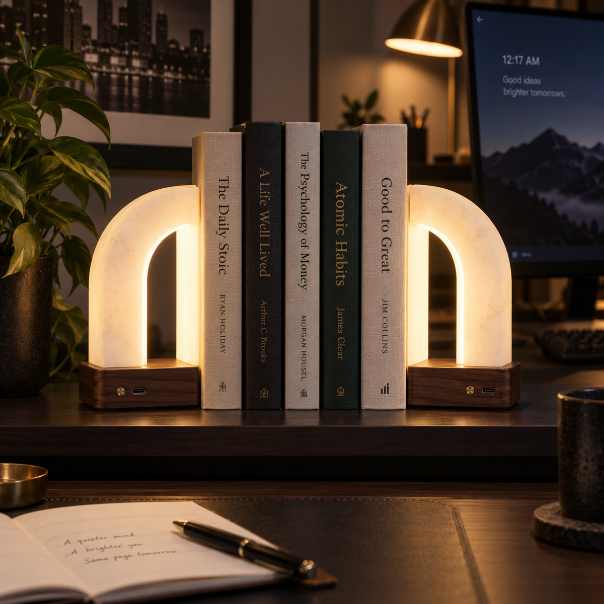 Glowvault Illuminated Arch Bookends - lifestyle office desk at night