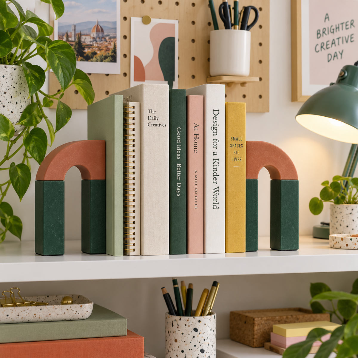 Magnetway Modular Arch Bookends - lifestyle creative office shelf with pegboard