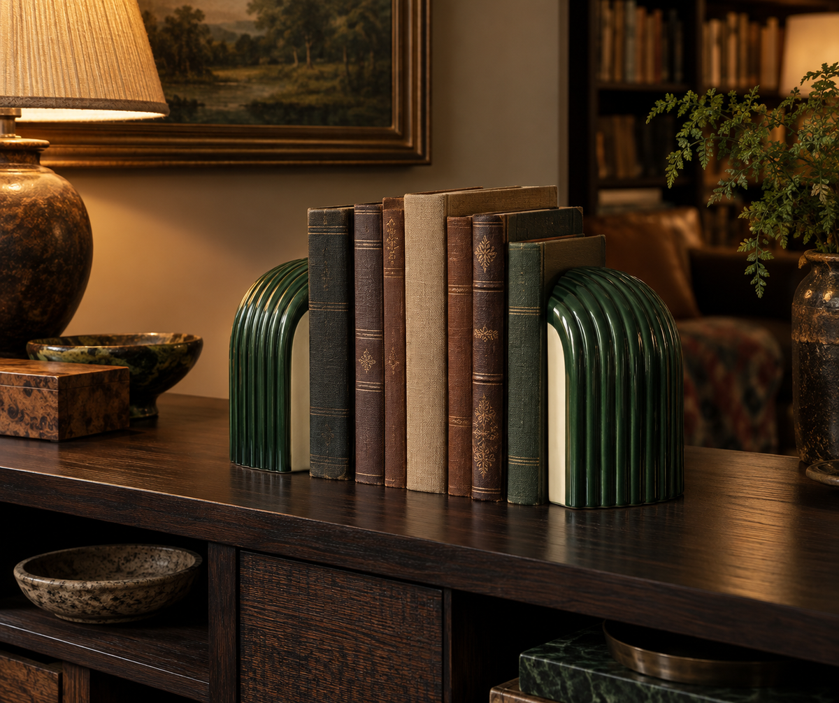 Ribvault Fluted Arch Bookends - lifestyle reading room