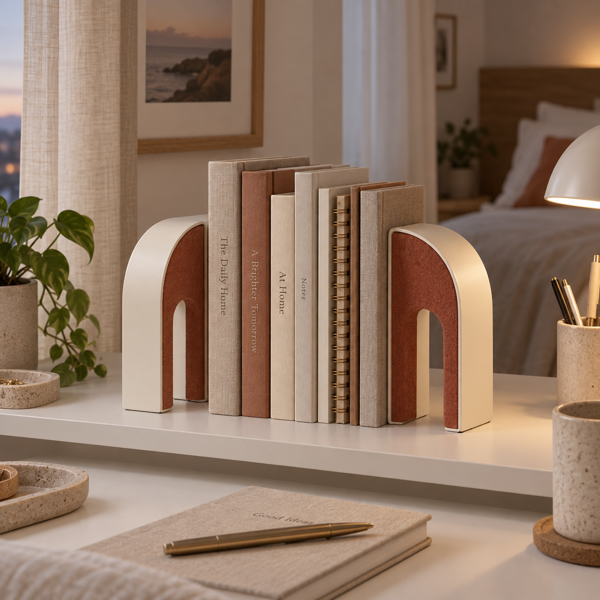 Softcurve Felt-Lined Arch Bookends - lifestyle bedroom workspace
