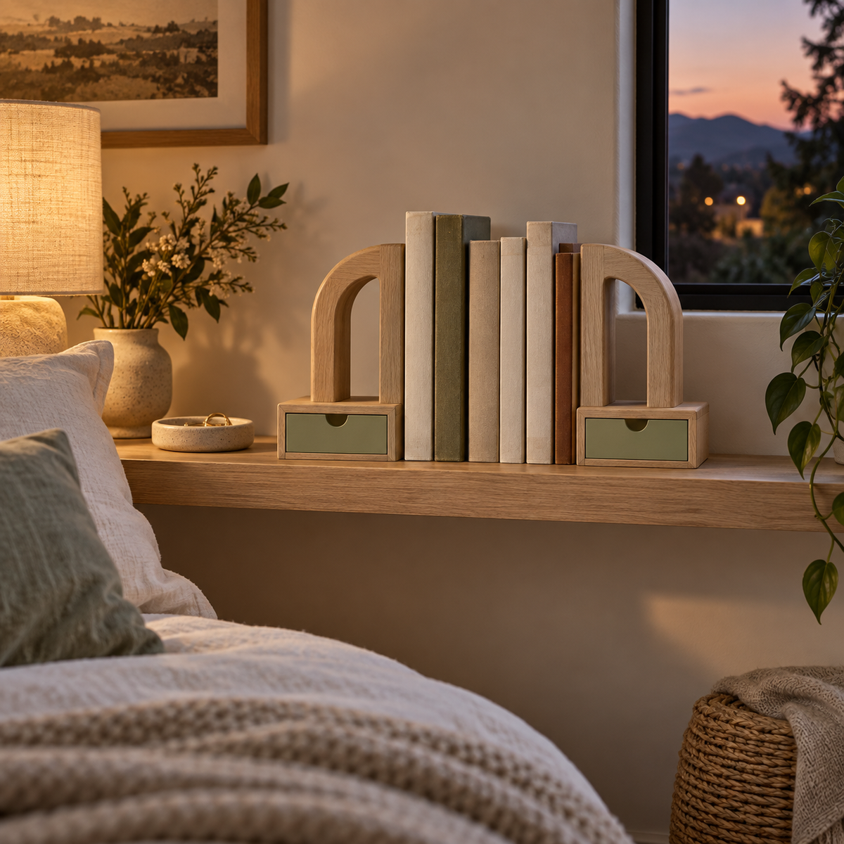 Keepsake Portal Drawer Arch Bookends - lifestyle bedroom shelf at dusk