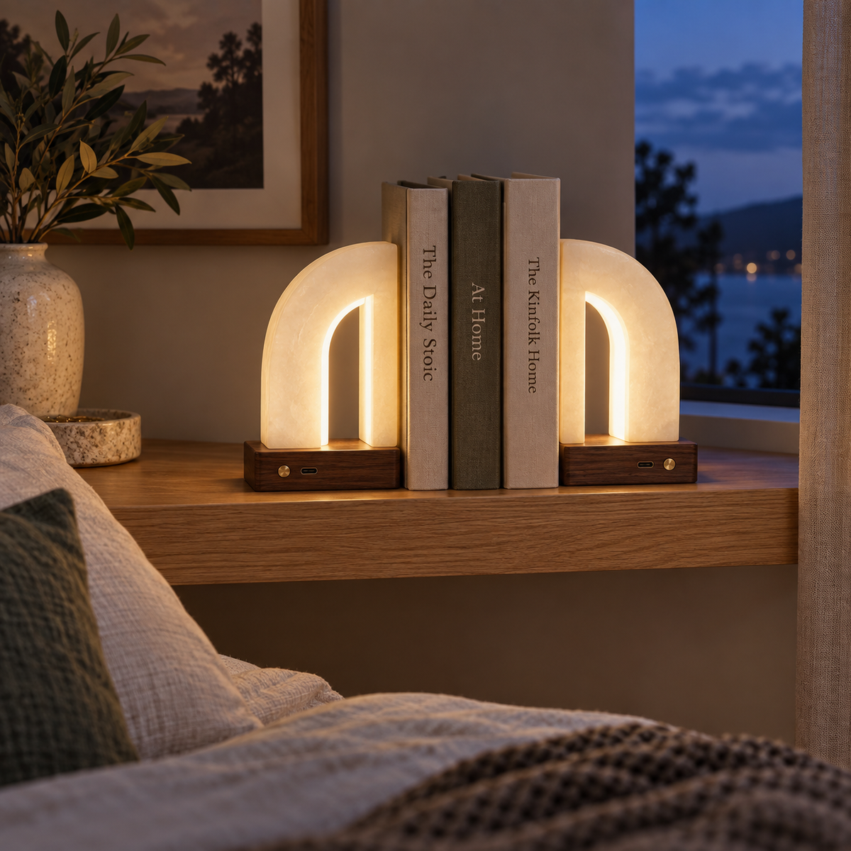 Glowvault Illuminated Arch Bookends - lifestyle bedroom shelf at dusk