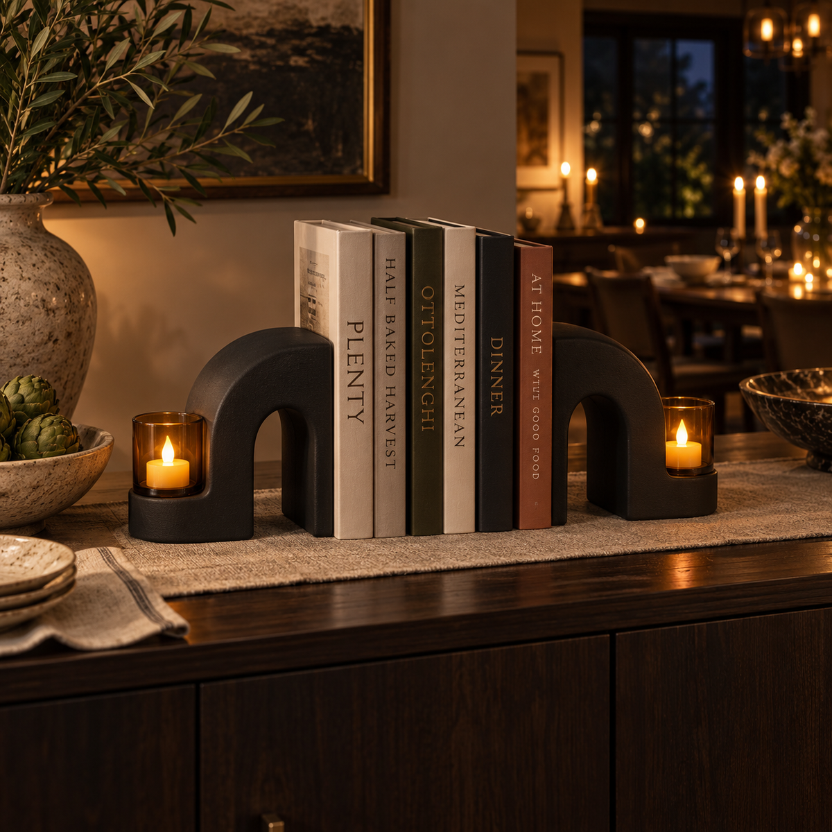 Candlepass Tealight Arch Bookends - lifestyle dining room sideboard dinner party