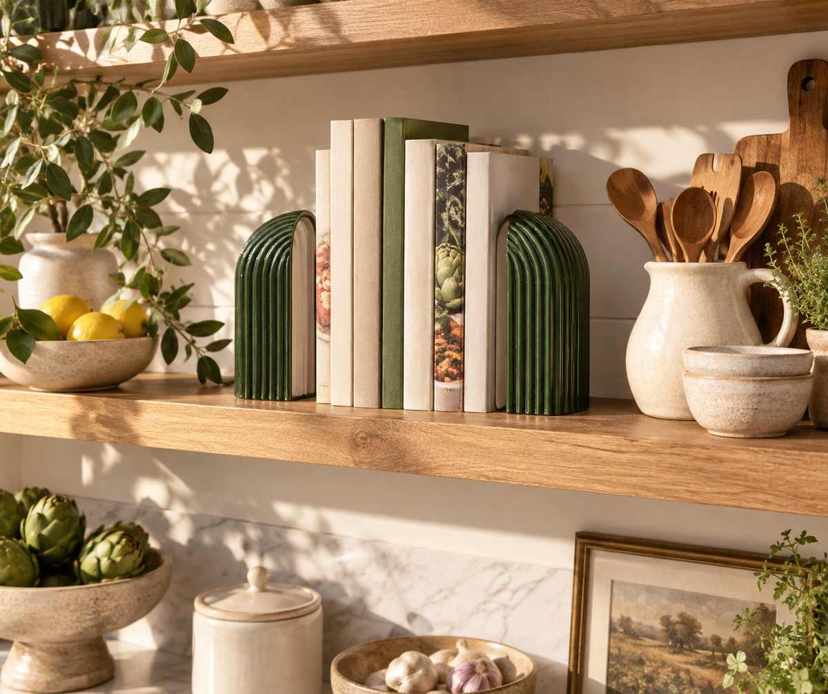 Ribvault Fluted Arch Bookends - lifestyle kitchen