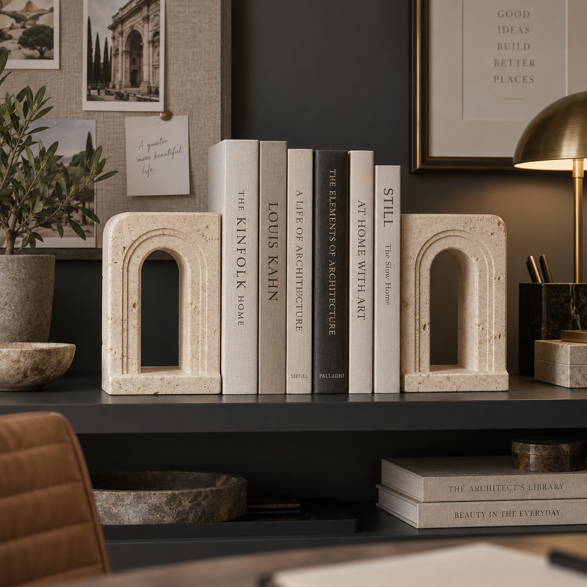 Travertine Gate Arch Bookends - lifestyle office
