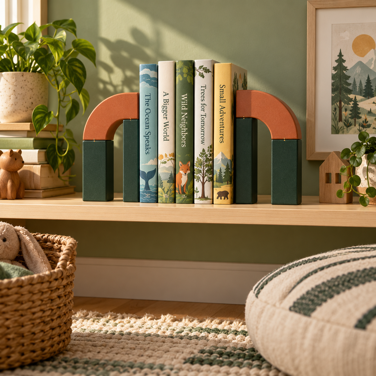 Magnetway Modular Arch Bookends - lifestyle children reading nook nature theme