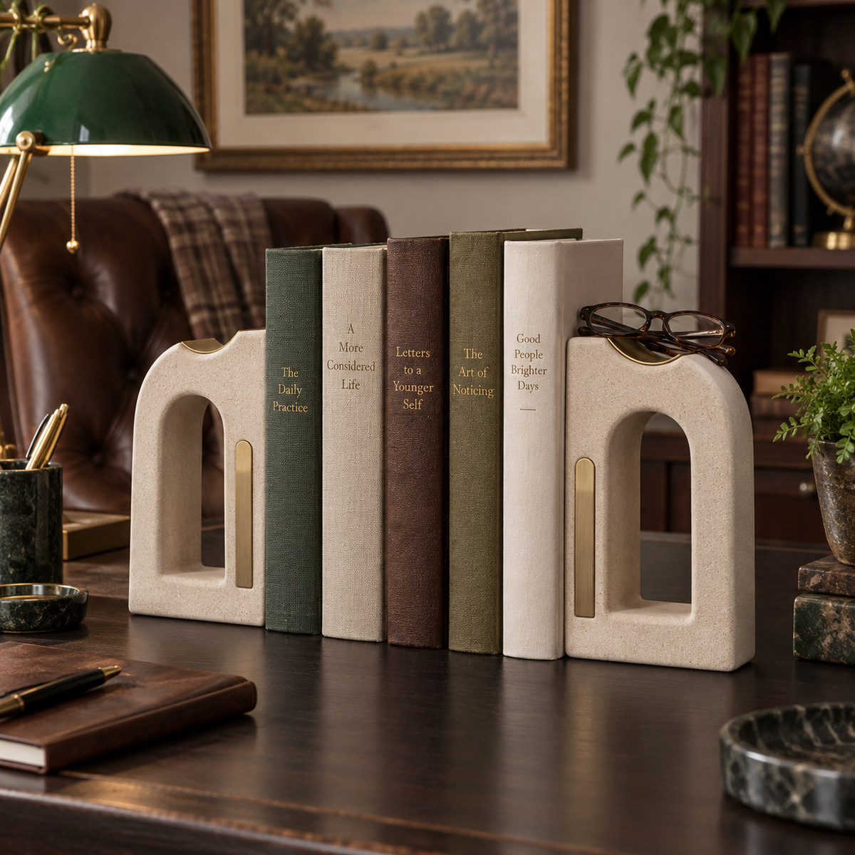 Pagecrest Reading Arch Bookends - lifestyle classic study desk at night